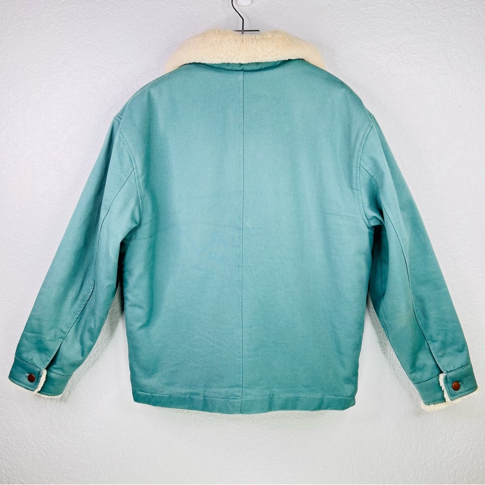 Zara Men’s Green Aqua Faux Sherpa Lined Heavy Denim Chore/Trucker Coat Medium - Picture 3 of 13